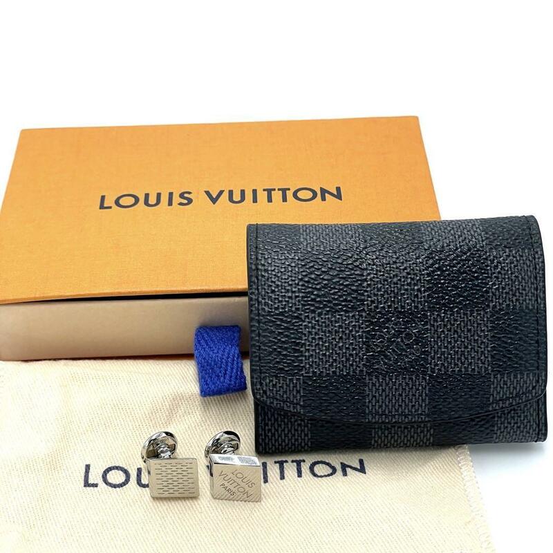 No.77 超人気 早い者勝ち☆【美品】LOUISVUITTON カフス ブトンドゥマンシェット シャンゼリゼ カフリンクダミエ 皮ケース付 カフリンクス