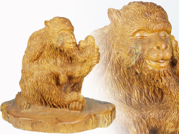 魁◆古美術品 天然木 木彫り 一刀彫 細密彫刻 親子猿 高さ48㎝ 横55㎝ 重量16.5㎏ 圧巻の出来栄え！！