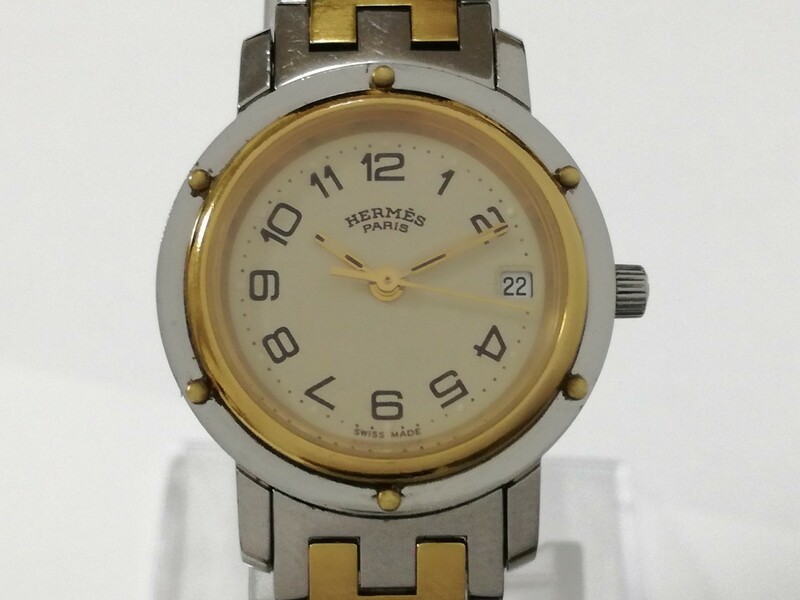 稼働品 HERMES エルメス クリッパー 腕時計 CL3.240 デイト コンビ ゴールド シルバー クォーツ 6-82