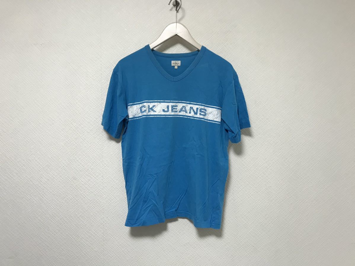 本物カルバンクラインジーンズCK CalvinKlein JEANSコットンVネックプリント半袖Tシャツメンズサーフアメカジミリタリービジネスゴルフ青S