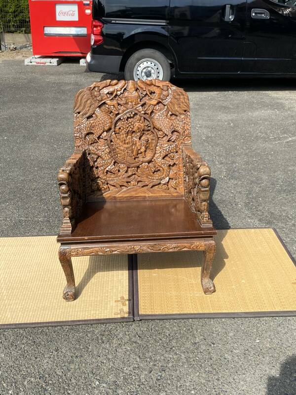 椅子　中国　木製　木彫　彫刻　座布団　クッション　希少品　レトロ　ヴィンテージ　アンティーク　家具