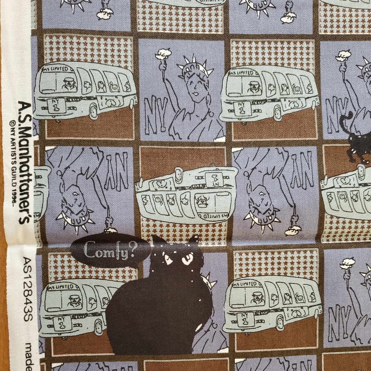 ブルー 生地巾×1m A.S.Manhattaner's エー・エス・マンハッタナーズ 【いい気分】アメコミ風 黒猫 シーチング 自由の女神 シティバス