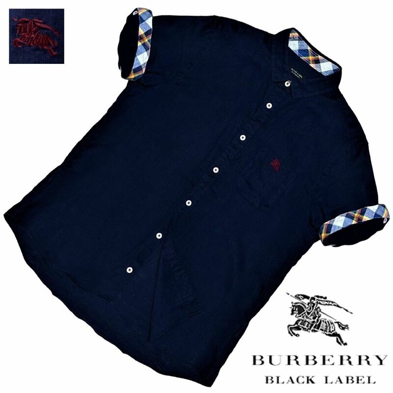 極美品 バーバリーブラックレーベル BIGホース刺繍 ノバチェック リネン100% 2WAY ロールアップ 半袖 シャツ 3/L 紺 BURBERRY BLACK LABEL