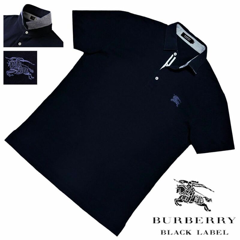 希少L! 極美品 日本製 バーバリーブラックレーベル ホース刺繍 前立てストライプ ボーダー 鹿の子 ポロシャツ 3/L 紺 BURBERRY BLACK LABEL