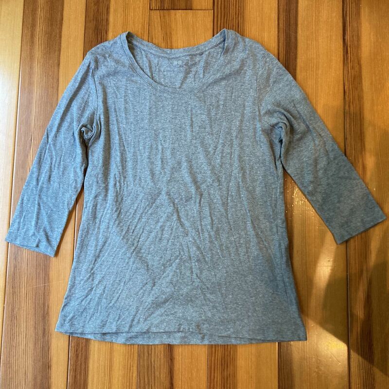 【ユニクロ レディース UネックT ７分袖】GRAY 綿100％ コットンTシャツ XLサイズ UNIQLO①