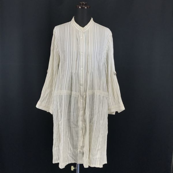 nuovo quaranta/ヌオヴォクアランタ★絹/シルク混　ノーカラーシャツワンピース【XL/15/ホワイト×ベージュ/ストライプ】◆BG734