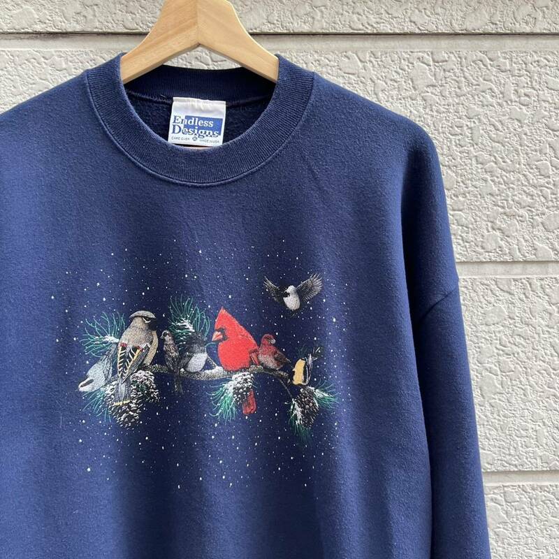 90s USA製 ネイビー プリント スウェットシャツ トレーナー 鳥柄 風景プリント Endless Designs アメリカ製 古着 vintage ヴィンテージ XL