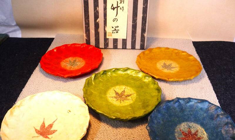 手作り　一閑張　創作　竹の器　皿　菓子器　5枚組　紙箱　水洗い可　未使用品　茶道具 工芸品