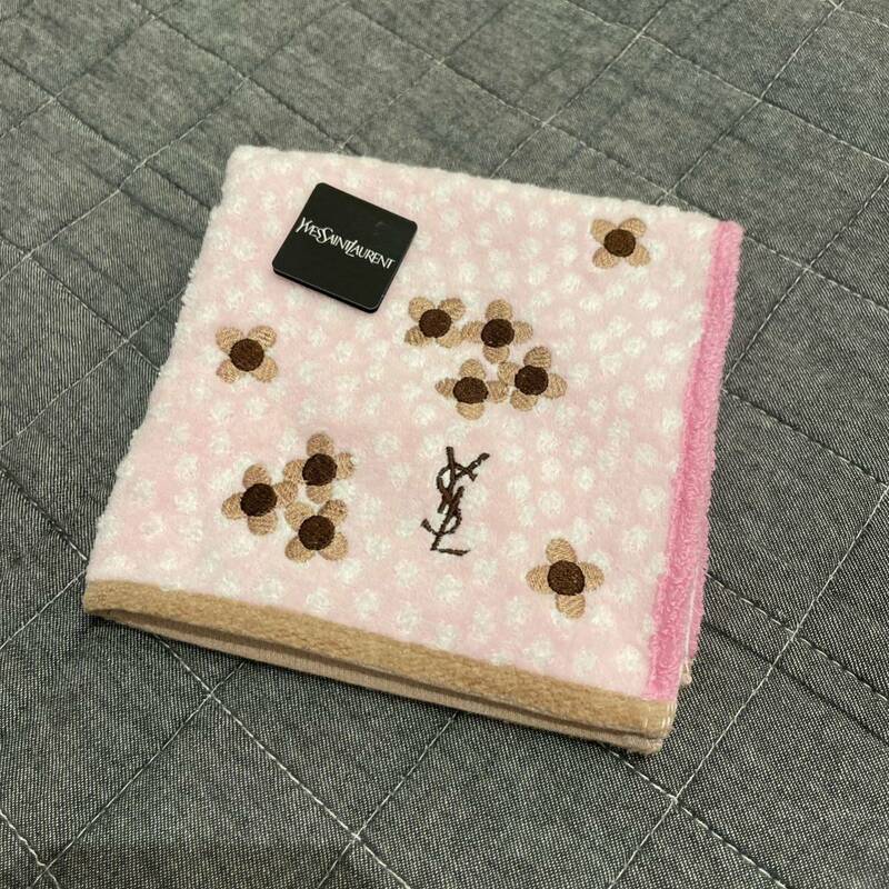 新品 YVES SAINT LAURENT イヴ・サンローラン タオルハンカチ ロゴ ドット 花