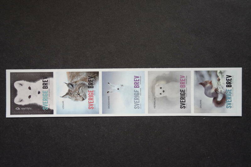 外国切手：スウェーデン切手 「冬の動物」5種連刷 未使用