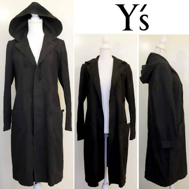 Y’s ロングパーカーコート 綿100% 黒デニム｜ワイズ ヨウジヤマモト コットン フード付き ロングジャケット スプリングコート
