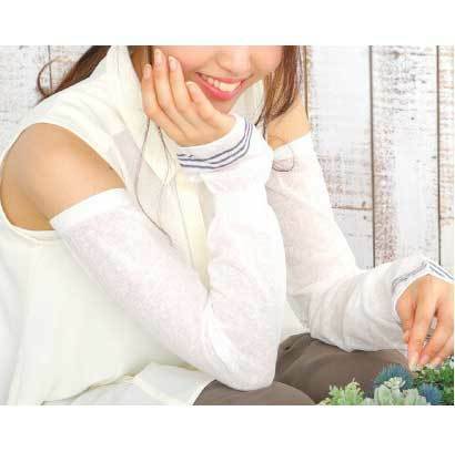 【新品】コットン＆麻の軽くてソフトなアームカバー 白×紺｜綿 リネン アームウォーマー 腕カバー UVケア 紫外線対策 日本製