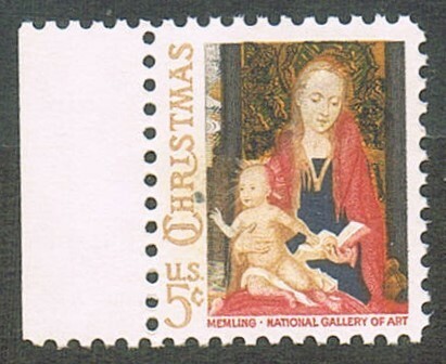 極美品の切手【アメリカ】1966.11.1発行「1966年クリスマス Madonna & Child by Hans Memling」5￠　単片　左辺耳紙付　未使用 NH　　糊有