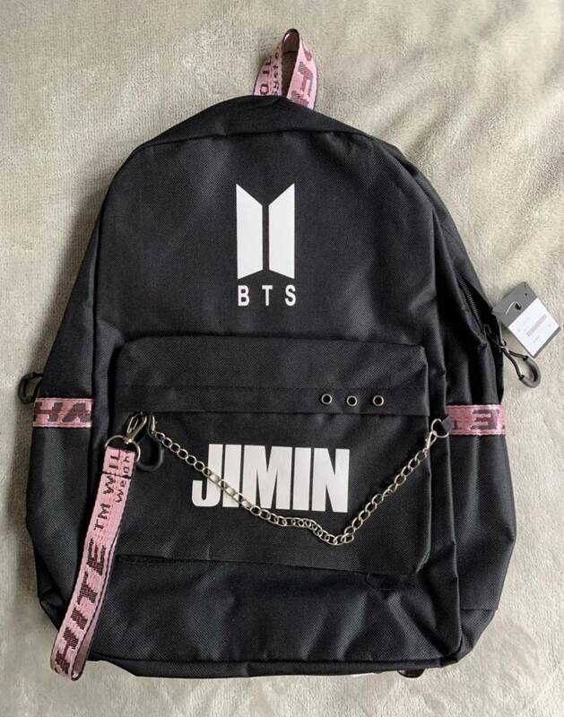 リュックサック　BTS/防弾少年団 JIMINロゴマーク入りブラック BACKPACK 、スクールバッグ 男女兼用　