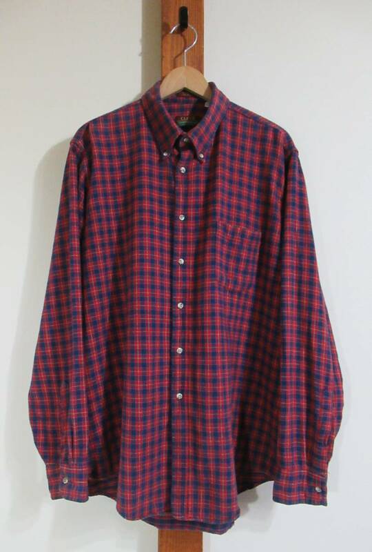 90'S VINTAGE★CLEVE SHIRTMAKERS/クリーブ◇シャツ ボタンダウン ライトネル チェック 赤×ネイビー系 MADE IN USA アメリカ製