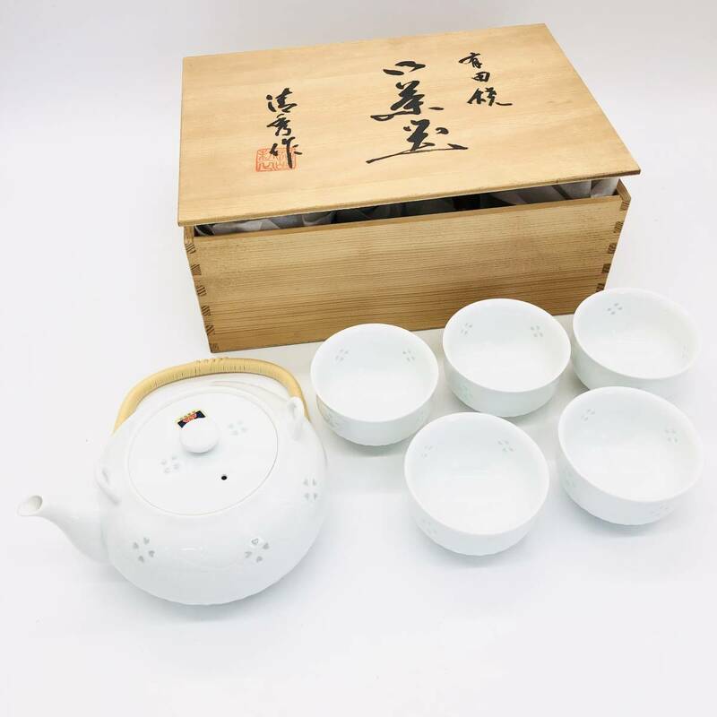 保管品 有田焼 清秀作 茶器 セット 急須 湯呑 5客 ホタル ナデシコ 茶呑 湯呑み 茶碗 茶道具 茶道 茶器 和 和食器 食器 陶器 箱付