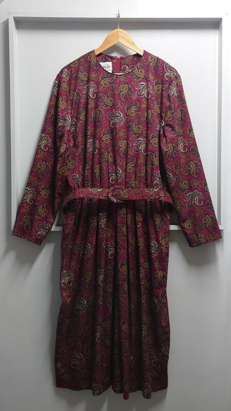 Vintage Henry Lee USA製 ペイズリー ドレス バーガンディー サイズ16 長袖 総柄 ワンピース ベルト付き