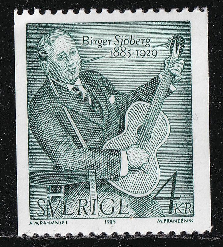 スエーデン切手　作家　B.SJOBERG 文学　文字　楽器　ギター　生誕100年記念　　1985