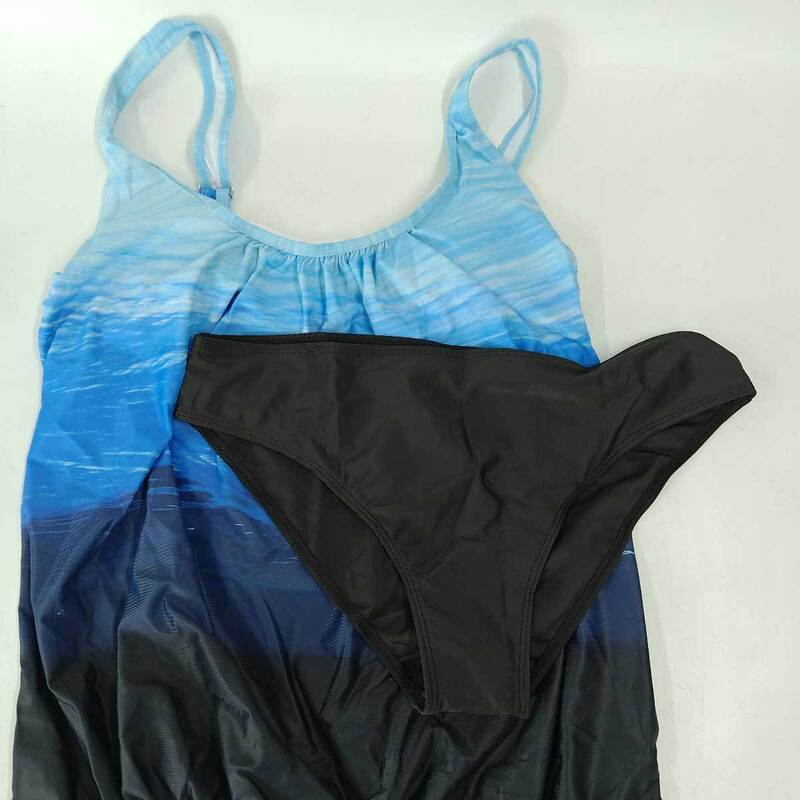 【中古・未使用品】ワンピース フィットネス 水着 インナーパンツ パッド付き 2XL ブラック x ブルー レディース