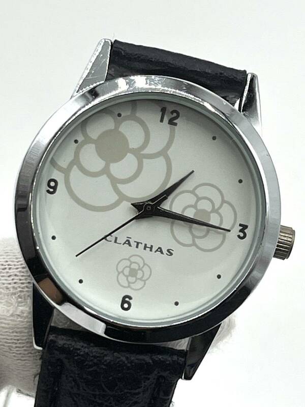 【電池切れ】CLATHAS クレイサス クォーツ 腕時計 白文字盤 ラウンド 花柄 レザーベルト レディース