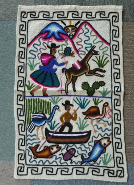 全国送料無料 ペルー S13 民族織物 タペストリー 壁掛け 手刺繍 アンデス アルパカ インディオ チチカカ湖 フォルクローレ衣装 伝統織物