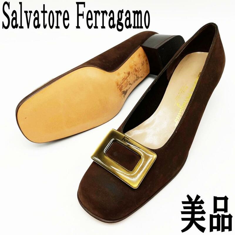 SI86【美品】Salvatore Ferragamo サルヴァトーレフェラガモ パンプス 7B ヌバック ロゴバックル