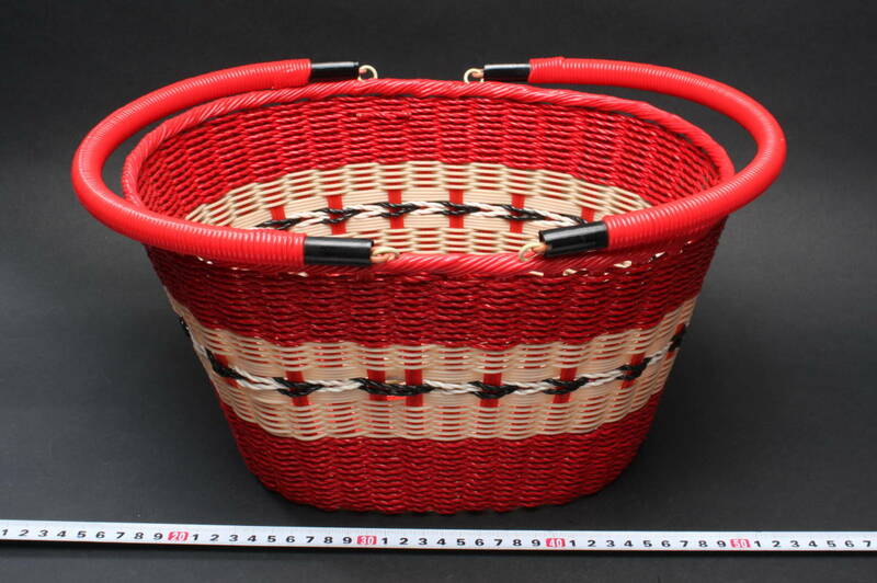 YF5002 新品(長期保管品) 昭和レトロ ビニール網 バッグ 赤 白 かごバッグ ランドリーバッグ