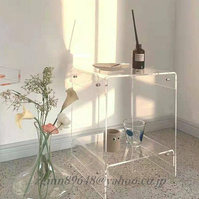 北欧 シンプル 二層のサイドテーブル 透明アクリル コーヒーテーブル 人気 クリア モダン デザインテーブル 収納付き