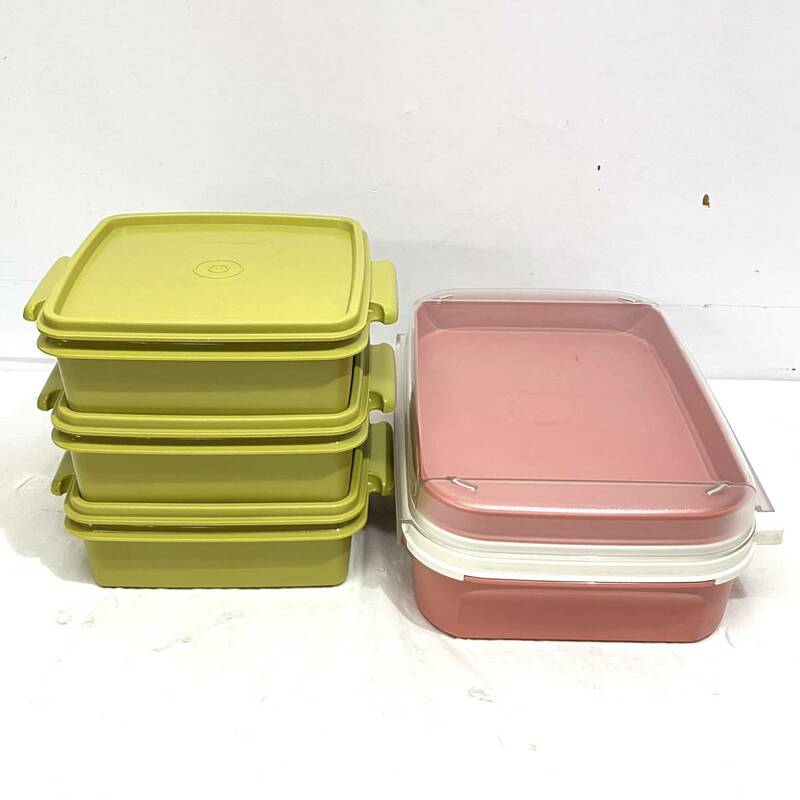(志木)Tupperware(タッパーウェア) 保存容器 2種 4個セット カルテット スクエア型 シンプルボックス 2段 ライトグリーン/ピンク お弁当箱 