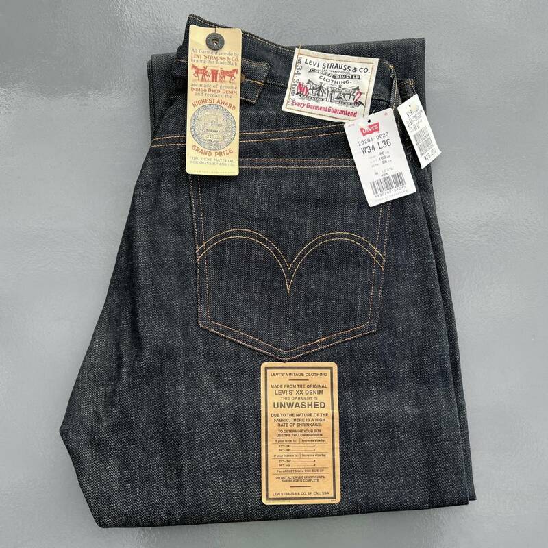 バレンシア工場製 No.2デニム LEVI’S 201 20201-0020 W34 L36 青耳 布パッチ リジッド 米国製 20s 1920年モデル 復刻 アメリカUSA製 555