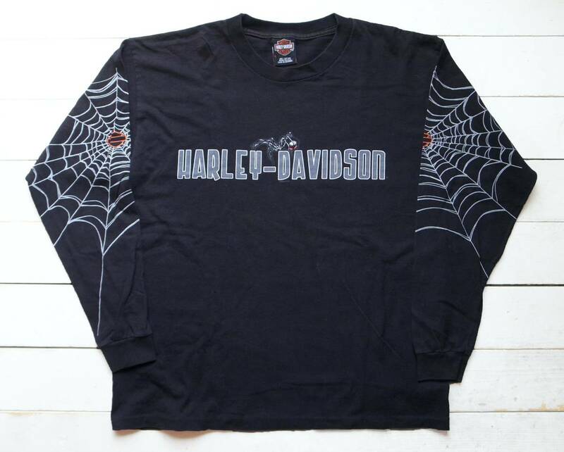 00's Harley-Davidson スパイダーウェブ 両面両袖プリント ロングTシャツ L 黒 USA製 カットソー 蜘蛛 90's ハーレーT TRAVIS着用