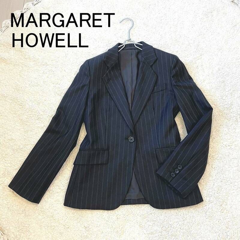 美品　Margaret Howell マーガレットハウエル　ウール１００％ジャケット　サイズ２（Mサイズ）黒　ストライプ　ビジネス　フォーマル