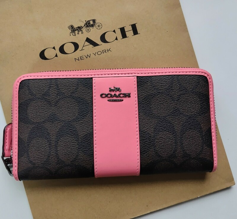 【新品】COACH コーチ 長財布 シグネチャー 　ブラウン　ピンク