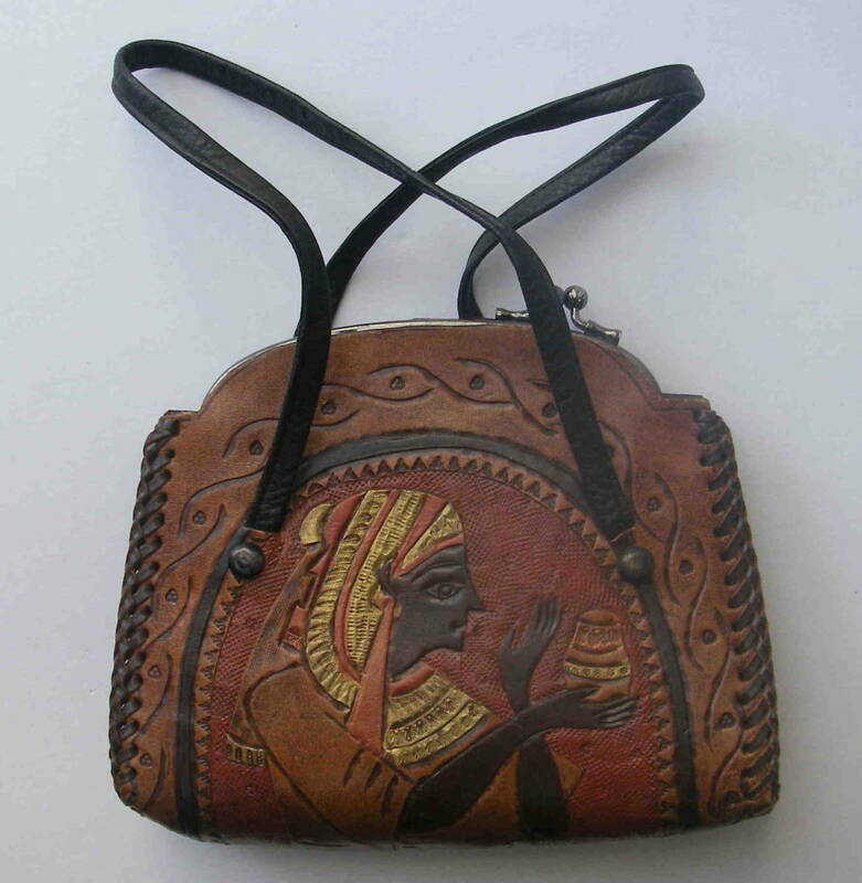 中古品（小難あり）★「手づくり皮革製　エジプト模様がま口式手提げバッグ」