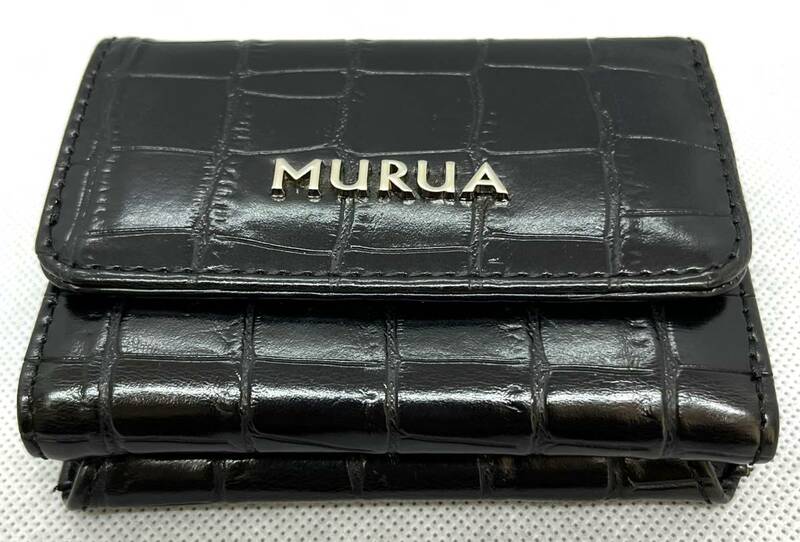 未使用★ムルーア　三つ折り財布　ガマ口　レディースミニ財布　クロコ　ブラック　MURUA/1805