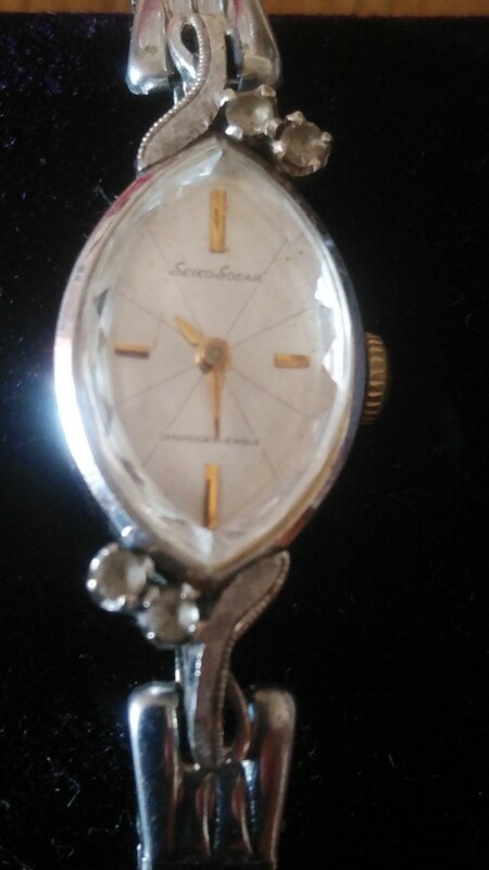 SEIKO SOLAR K14WG ホワイトゴールド石付カット風防 セイコー アンティーク 腕時計 