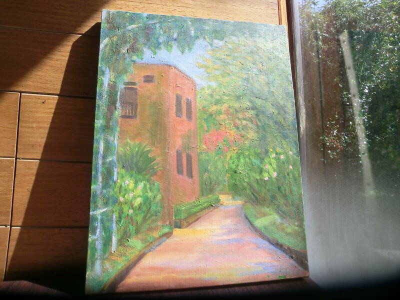 油絵F6号油彩画肉筆41ｘ32ｃｍ花木の中の茶色建て物袋小路の静かな家作者不詳キャンバスのみ一点物アート作品インテリア絵画茶色緑 ピンク