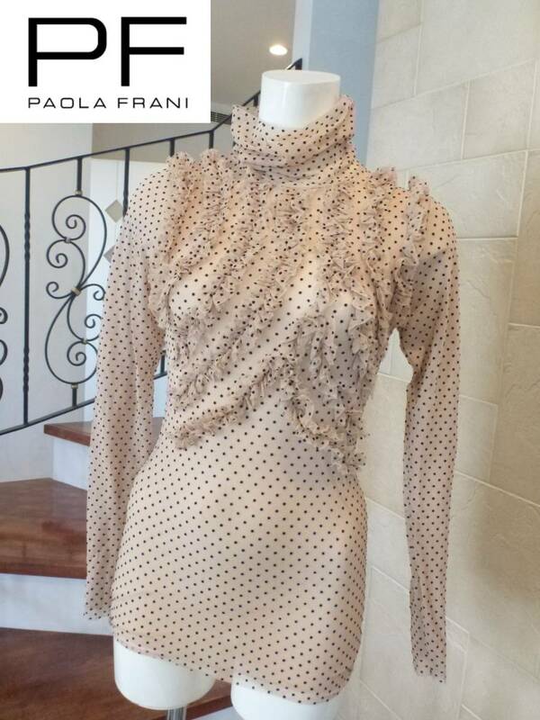 2.5万 超美品 PAOLA FRANI(パオラフラーニ)★ベージュ×黒　メッシュ　フリル　ストレッチ抜群　タートル　トップス　S相当　40