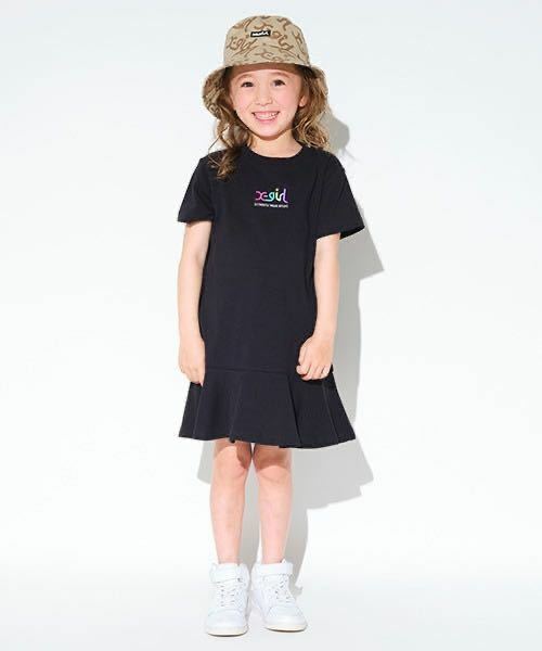 美品 エックスガール ステージ X－girl Stages 裾フリル 半袖 Tシャツ ワンピース 140 キッズ 子供服 黒 ブラック