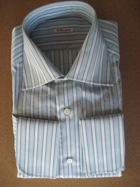 [FRAY]フライ ワイシャツ グリーン ストライプ セミワイド 長袖 ダブルカフス イタリア製 綿100% (37 S サイズ) 未使用品
