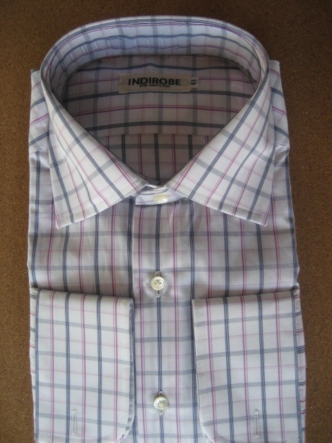 ワイシャツ ピンク チェック セミワイド 長袖 シャツ イタリア輸入生地使用 日本製 スリムフィット 綿100% (41 L サイズ) 未使用品