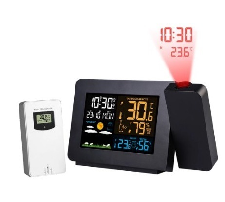 【送料無料】電波時計 ウェザーステーション 置き時計 デジタル時計 警報 投影 時計 温度計 湿度計 LED 屋外センサー付き