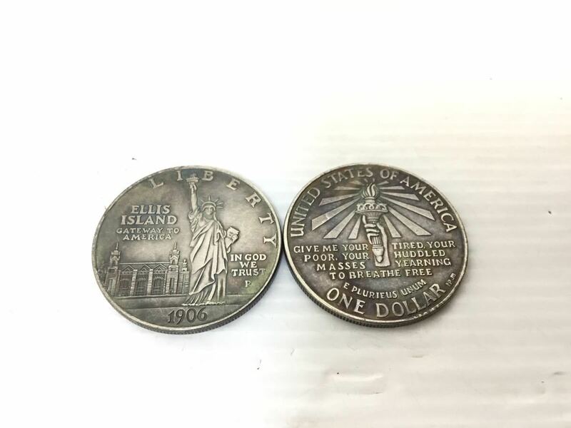 [K-2023]1906年アメリカ リバティーコイン☆記念硬貨 レプリカメダル ONE DOLLAR 1ドル★銀貨 自由の女神 2枚セット 売り切り♪