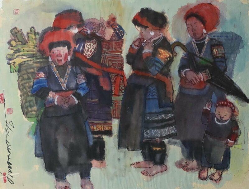 水彩画 民族画 大型額装品 3 作者サイン有り / 中国 朝鮮 唐物 チベット モンゴル 部族