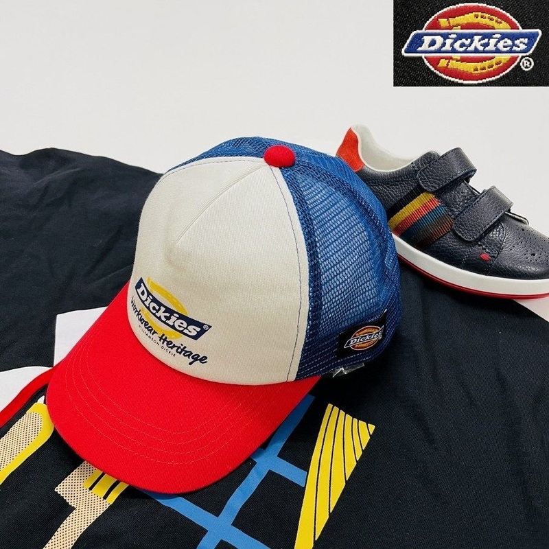 未使用品 Dickies トリコロール キッズメッシュキャップ ホワイト レッド ブルー 男の子 女の子 アウトドア キャンプ 公園 ディッキーズ