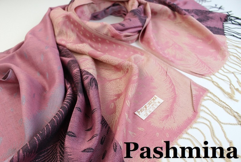 新品【Pashmina パシュミナ】孔雀 フェザー柄ミックス 大判 中薄手 ストール ピンク系 ベージュ ブラック グレー Cashmere カシミア100%