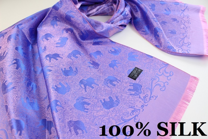 新品【SILK シルク100%】エレファント 象 ペイズリー柄 大判 薄手 ストール/スカーフ ピンク系 ロイヤルブルー