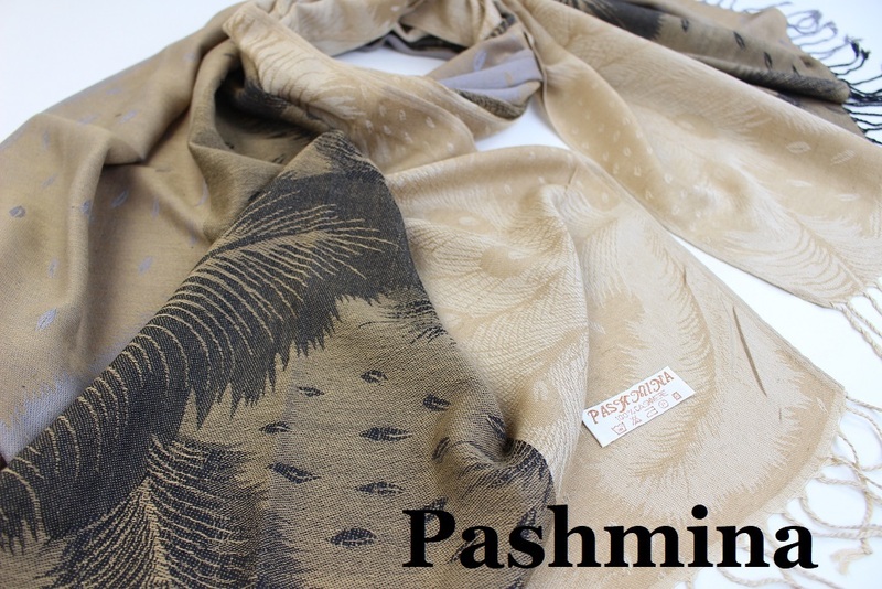 新品【Pashmina パシュミナ】孔雀 フェザー柄ミックス 大判 中薄手 ストール ベージュ系 ブラック グレー Cashmere カシミア100%