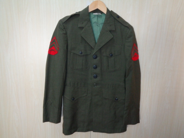 75◆USMC(米海兵隊) ウールサージ オーバーコート◆size38R オリーブ色系 アメリカ海兵隊 ドレスジャケット ウール100％ 軍放出品 5J