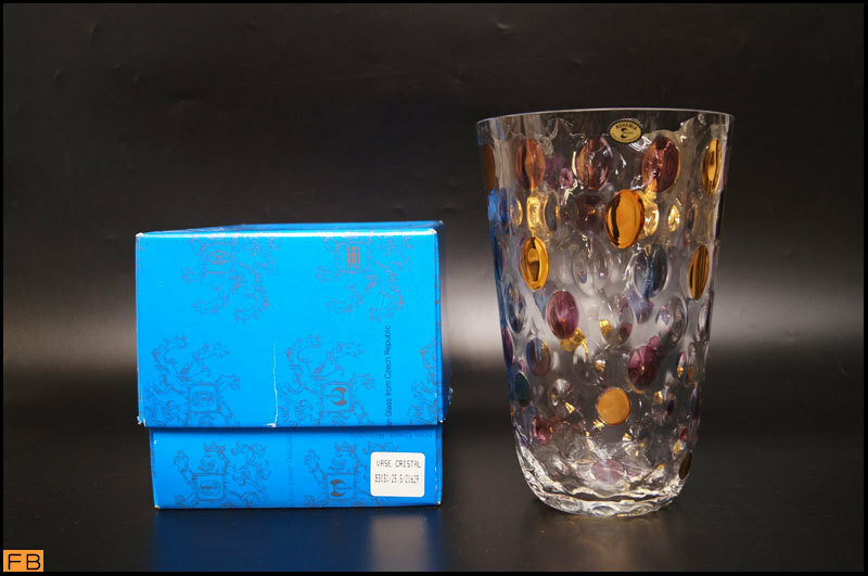 1299-ボヘミアガラス◆花瓶 フラワーベース 水玉 ドット ウォータードロップ 花器 クリスタル チェコガラス 箱付 BOHEMIA